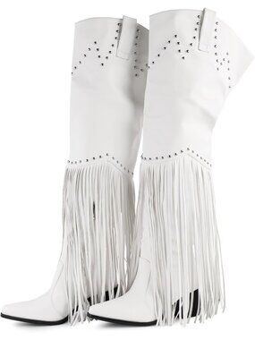 〽️Women's Knee-Calf Faux Fur Boot White Faux Leathe Furry Heelr Round Toe